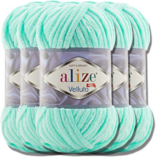 Hobby YARN Alize Velluto 5x 100g Türkische Strickwolle super Bulky Wolle zum Häkeln Uni Farbe Babywolle Flauschgarn Filzwolle Kuschelwolle (Light Turquoise | 19)
