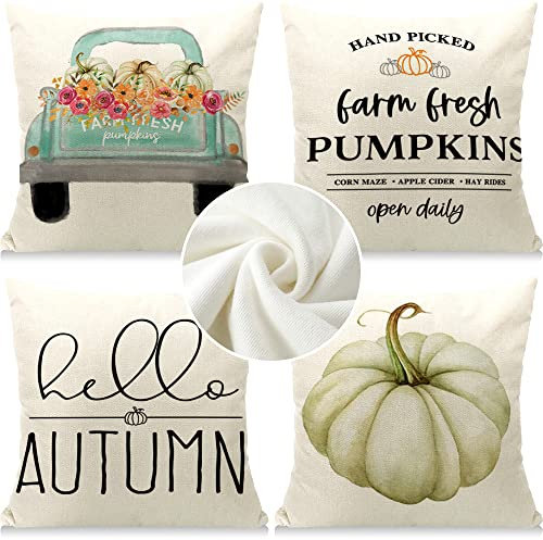 Cirzone Herbst Kissenbezug 45 x 45 cm 4er Set LKW Kürbis Hello Autumn Kurzer Plüsch Dekorative Kissen Herbst Dekoration für Home Sofa Schlafzimmer