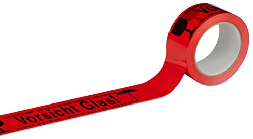 MASHPAPER Warnband Klebeband Packband Vorsicht Glas! (mehrsprachig) rot mit schwarzem Druck - 50 mm breit x 66 m lang (1)