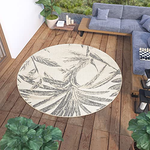 TAPISO Viera Teppich Outdoor Indoor Rund Creme Grau Palmenblätter Wasserfest UV-Beständig Loop-Teppich Sisal Optik Terasse Balkon ÖKO-TEX 80 x 80 cm