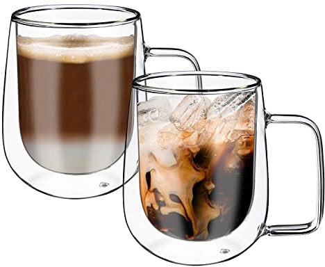 Vinsani KOPPU Double Walled Coffee Drink Glasses Tea Cup Mug 305ml Set of 2 Heat Cold Resistant Aesthetic Clear Borosilicate Glass with Handle Cappuccino Latte Tea Dessert Hot and Cold Drinks