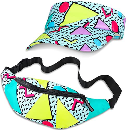 Mepase 2 Pcs 80s Outfit for Men Women 90s Fanny Pack Sun Visor Hat Waist Bag 90s Accessories for Men Women Summer Party, Multicoloured, One Size, Fresh