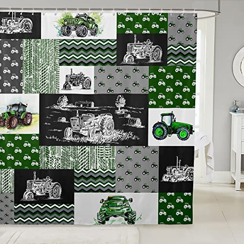 Erosebridal Traktor-Duschvorhang, 183,9 cm B x 183,9 cm L, Ausrüstung, LKW, Bad-Set, Badezimmer-Dekoration, Bauernhaus-Erntemaschine, Sets für Kinder, Jungen, Auto, grünes Fahrzeug, kariert,