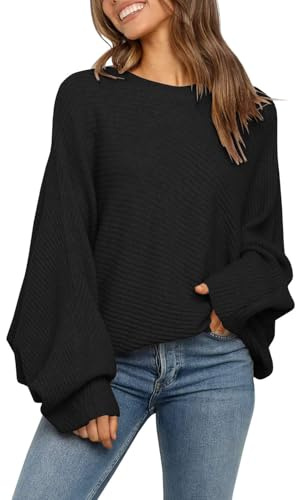 Fessceruna Damen Pullover Oversize Fledermausärmel Strickpullover | Winter,Rundhals,Pulli Geripptes,Sweatshirt,Einfarbig,Obertiele,longpullover,Sweater