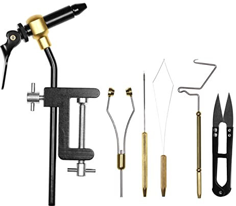 HUIOP Fliegenbindewerkzeuge, 6 Stück, Fliegenbinden-Werkzeuge, Kombi-Set, Fliegenbinden-Schraubstock, Spulenhalter, Einfädler, Nadel, Peitsche, Finisher Schere