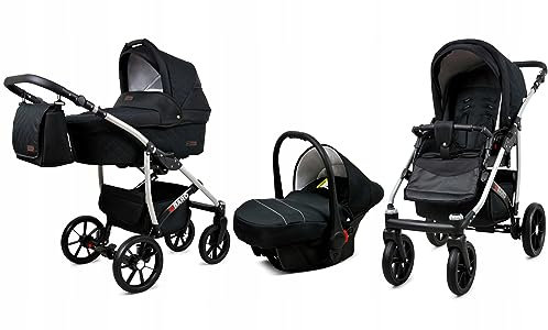 BabyLux® Bambimo Kinderwagen Set 3 in 1 - Qbaro - incl. Babywanne, Buggy Sportsitz, Auto-Babyschale - Autositz - Kinderwagenset - Kombikinderwagen mit Wickeltasche, Regenschutz usw.