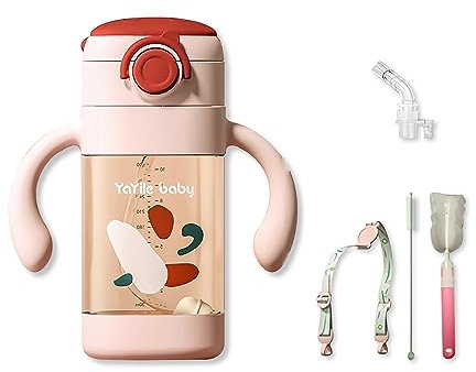 SONARIN Vaso con Pajita Bebe,300 ml Vaso Entrenamiento Bebé Vaso de Aprendizaje Infantil Vaso para Sorber Vaso Antiderrame Taza Antigoteo con Asas de Fácil Agarre & Correa(Rosa)