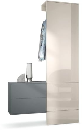 Vladon Garderobe Carlton Set 2, Made in Germany, Wandgarderobe aus Deko-Paneel & hängender Schubladen-Kommode, Anthrazit matt/Sandgrau Hochglanz (105 x 193 x 35 cm)