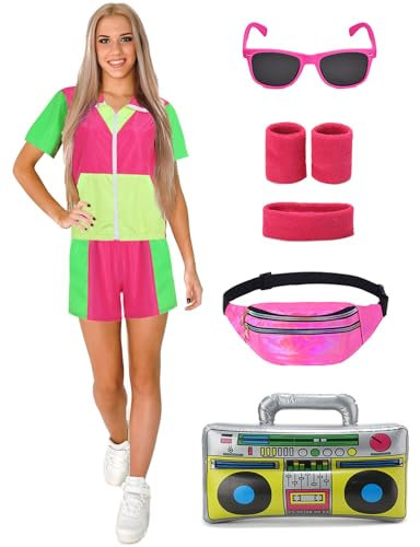 Velmawig 80er Jahre Outfit Damen 90er Jahre Kostüm Damen 80er jahre accessoires neon Party Trainingsanzug Kurzarm Jogginganzug LUXUS Retro Anzug für Karneval Fasching Mottoparty, Rosa VL009M