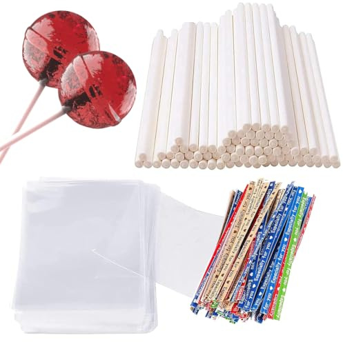 VIVIIHOO 300 Stück Cake Pop Stiele Set: 100 Stück Lollipop-Sticks, 100 Tütchen und 100 Bindedrähte für leckere Cake Pops und süße Deko