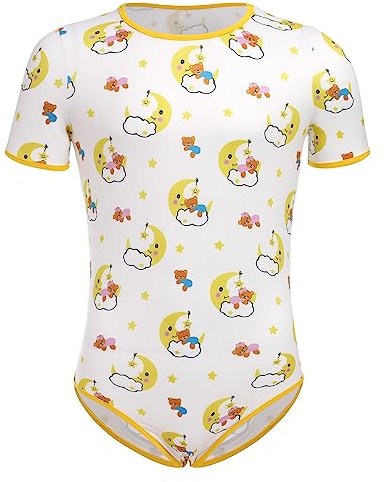 IBAKOM Men's Cute Print Pyjamas Bodysuit Leotard Top Short Sleeve Romper Pjs Nightwear Sleepwear Light Yellow XXL