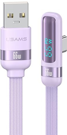 P4Y Câble USB vers USB-C/Type-C pour charge rapide et transfert de données 66W 6A 480 Mbps avec affichage numérique et prise en L à 90 degrés, série lift, longueur 1,2m violet US-SJ651.