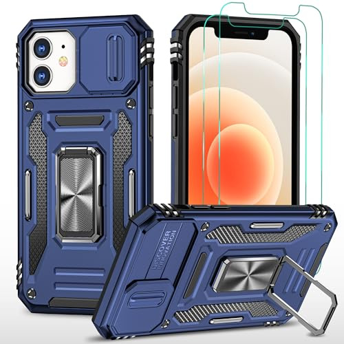 YmhxcY For iPhone 12/12 Pro Case, With [2*Screen Protector Film] 360° Rotate Metal Stand,Sturdy Case[Military Grade] For iPhone 12/12 Pro-Blue
