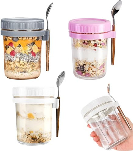 3Pcs Overnight Oats Jar,Overnight Oats Jars With Lids and Spoon Overnight Oats Container Portable Salad Cup With Lid Children Drink Soybean Milk Yogurt Cup Breakfast Jars With Measurement Marks.