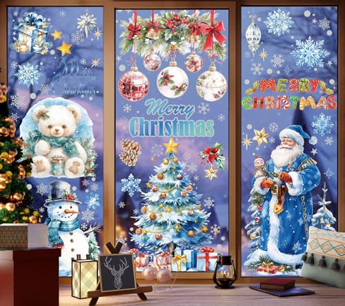 4 Pzas Grande Pegatinas Navidad Ventanas Cristal Con Plata Brillante, 30X45cm Vinilos de Navidad Ventanas para Cristales, Reutilizable Pegatinas Adornos de Navidad para Escaparates (Árbol de Navidad)