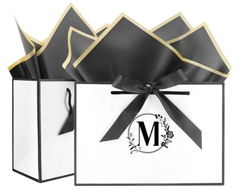 Initiale Geschenktüten 2 Stück Papiertüten mit Schleifenbändern+2 Seidenpapier, Geschenktaschen mit Henkel Partytüten Kreuzbodenbeutel Geschenkverpackung für Geburtstag Hochzeit Taufe Valentinstag(M)
