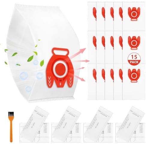 AMFUN 15 Pack GN Vacuum Dust Bags Replacements with Miele Hoover Bags Compact C1,Compact C2,Complete C1,S227, S240,S270, S280,S400i, S456i, S600, S658, S2, S5,S8 Series Vacuum Cleaner-Red