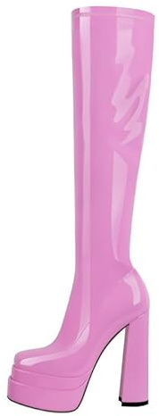 Meinabsatz Damen Plateau Stiefel Blockabsatz Knee High Stretch Boots Zipper Kniestiefel Chunky Heels mit Reißverschluss Lack Rosa 42 EU