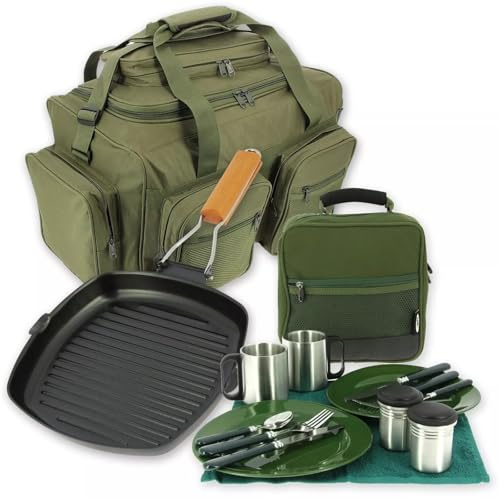 Camping Cooking Kit with Carryall Bag - Deluxe Cutlery Set, Plates, Mugs, Sugar Containers, Frying Pan, and Organized Storage Bag Perfect for Camping, Picnics, Outdoor Adventures and Carp Fishing