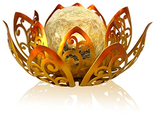 Bshine Solar Outdoor Garden Lotus Decor Light, Waterproof Metal Crack Glass Spherical LED Lotus Decorative Light Tabletop, Walkway, Lawn and Garden Gifts, Housewarming, (Yellow)