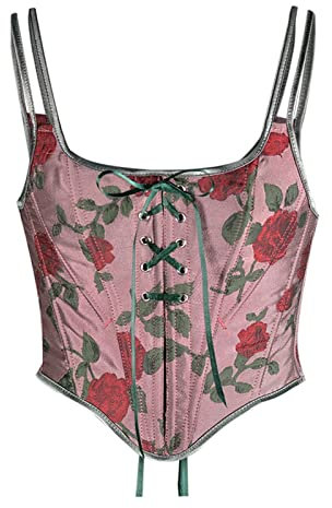 Damen-Korsett, Bodyshaper, figurformend, sexy Bustier, Korsett mit Ösen, Blumendruck, bauchfreies Top, Vintage-Tanktop, Clubwear, Mieder, Barkeeper-Outfit, sexy, hot pink, L