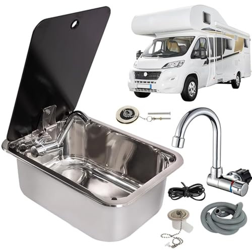 ZPBLWT Fregadero Camper, Kit de Fregadero Pequeño de Acero Inoxidable con Grifo Plegable y Tapa de Vidrio, Fregadero Plegable Lavabo para Lavar Mano para Caravana