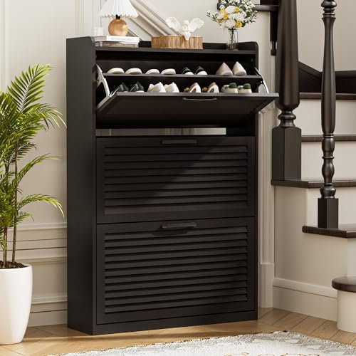 FiveWillowise Schuhschrank mit Lamellentür, Schmal Schuhkipper mit 3 Klappen, Schuhregal ür Flur, Schuhkommode mit 6 Verstellbar Ablageflächen, Schuhaufbewahrung Holz, 80x24x120 cm, Kaffee