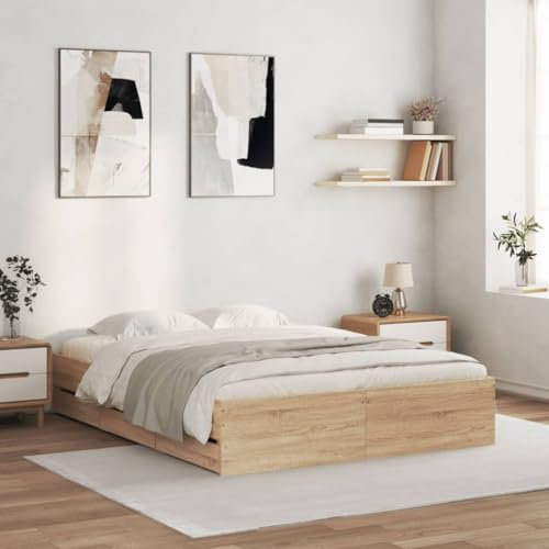 MOBCANT Bettgestell mit Schubladen, Polsterbett Tagesbett Familienbett Futonbett Geeignet für Gästezimmer Hotel Wohnungen Schulen Sonoma-Eiche 140x200cm Holzwerkstoff