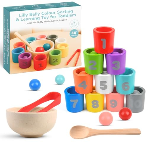 Lilly Belly Montessori Toys for 3 Year Olds – Wooden Ball and Cup Game with Color Sorting Cups, 10 Balls, Spoon & Tong for Hand Grip and Motor Skills – Early Education Learning Toys for Kids Ages 3+