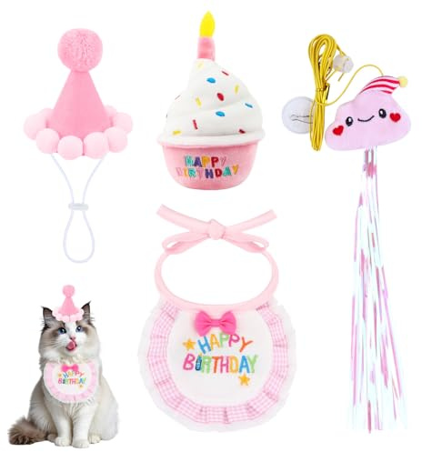 Katzengeburtstag Deko Set - 4-teiliges Komplettset mit Latz, Partyhut, Quietschkuchen & Tür-Angel Katzenspielzeug für die perfekte Geburtstagsfeier Geschenk für Katzen(Rosa)