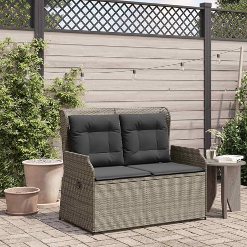 Yunovire Gartenbank Grau Poly-Rattan, Verstellbare Rückenlehnen, Langlebige Outdoor-Liege für Terrasse, Balkon, 2-Sitzer, Modernes Design, Witterungsbeständig