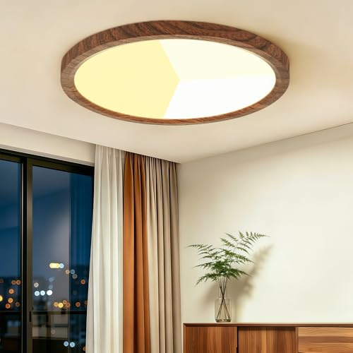Kambo 24W Deckenleuchte Flach 3 Farben LED Walnussholzfarbe ∅30cm | Deckenlampe 3000K/4000K/6000K, ABS-Material Ultra Dünn Lampe für Flur Schlafzimmer Keller Wohnzimmer Büro