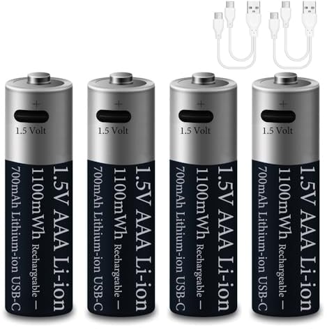 4 Pezzi 1,5V AAA 1100mWh Litio Batteria Ricaricabile, 1,5Volt Tripla A Lithium 700mAh Batterie per Telecomando/Controller/Radio, 2 in 1 USB-C Ricarica Cavo, 2 Ore Ricarica Rapida, 1200 Cicli