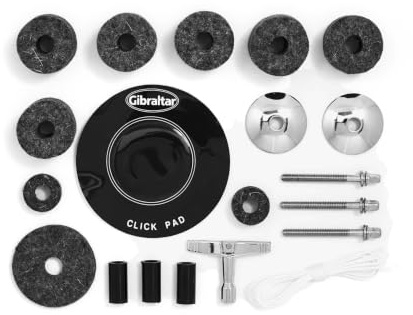 Gibraltar Accessory Drum Set - Drummers Tech Kit - bass drum click pad, clamp screw, clamp screw washer for cymbals, cymbal tilter sleeve, felts, snare cord, drum key, SC-DTK