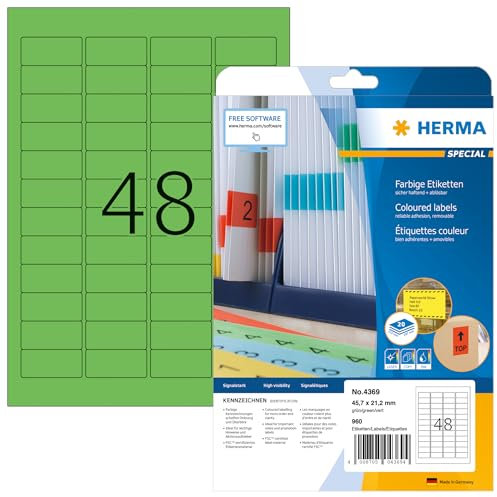 HERMA 4369 Farbige Etiketten grün ablösbar, 20 Blatt, 45,7 x 21,2 mm, 48 pro A4 Bogen, 960 Stück, selbstklebend, bedruckbar, matt, blanko Papier Farbetiketten Aufkleber