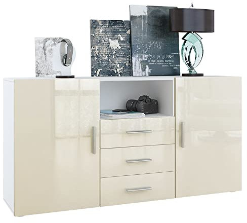 Vladon Sideboard Skadu, Kommode mit 2 Türen, 3 Schubladen und 1 offenem Fach, Weiß matt/Creme Hochglanz (138,5 x 71,5 x 35 cm)