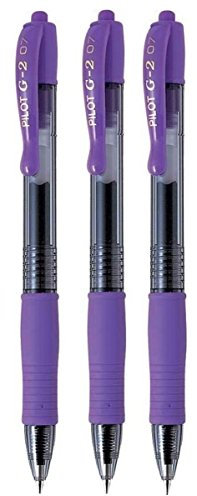 Pilot G2 07 Lot de 3 stylos à bille à encre gel rétractable, pointe fine de 0,7 mm, largeur de trait de 0,39 mm, rechargeable BL-G2-7 Violet