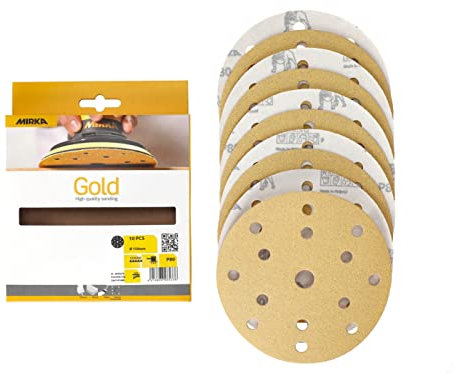 Mirka Gold Universal-Schleifpapier Ø 150mm Schleifscheiben Klett 15-Loch, Korn P80, 10 Stk/Zum Schleifen von Gips, Spachtel, Spanplatten, Holz, Lack