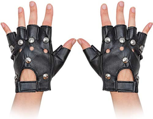 Skeleteen Fingerlose Gothic-Biker-Handschuhe, 80er-Jahre-Stil, schwarzes Leder, Punk-Biker-Handschuhe für Männer, Frauen und Jugendliche, Schwarz, Größe M