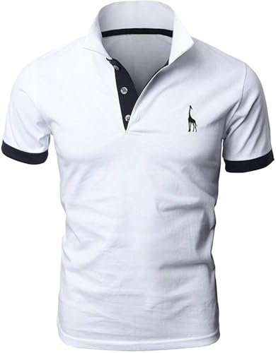 LIUPMWE Mens Polo Shirts Short Sleeve Giraffe Embroidery Golf T-Shirt S-2XL,White,M