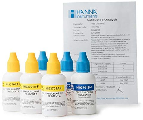 Bricodomo Botellas REACTIVO LÍQUIDO Cloro Libre 0,00 A 2050mg/L, (5,00mg/L) 300 Test. Hanna Instruments