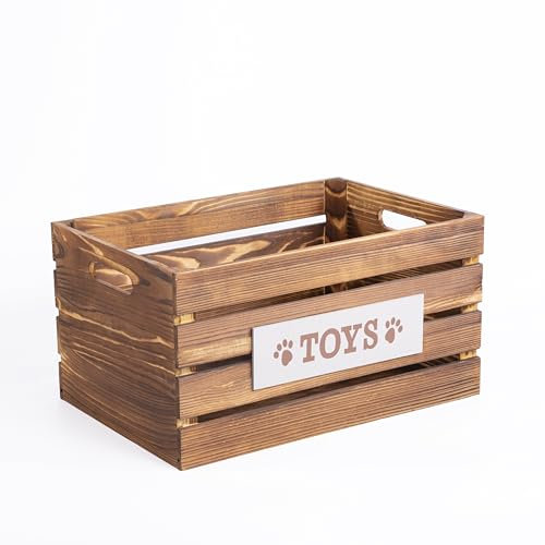 Paw Print Wooden Pet Toys Storage Box Collection Basket Wooden Crates Dog Gift Hamper (Brown, Small)