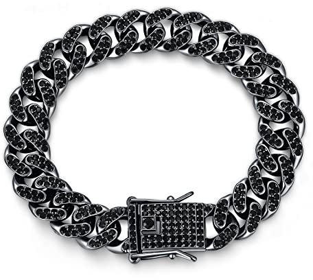 Halukakah Goldkette Herren Iced Out,Rhodiniert Schwarz 14mm Männer Armband,Goldenes,Miami Kubanische Panzerkette,18cm,Geschenk für Mann
