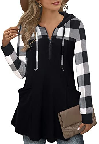 Gaharu Damen Strickpullover Longsleeve Hooded Pullover Damenshirt Casual Oberteile Winter Lang Frauen Tunika Tops Women Baumwolle Hemde Vintage Slim Fit Farbblock Zip Kapuzenpullover Weiß Kariert,XXL