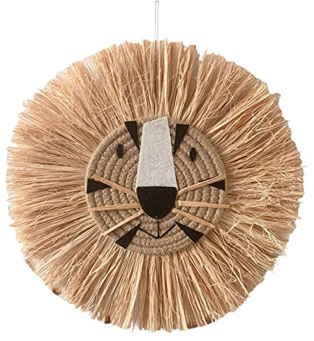 MagiDeal Decoración Colgante de Pared de Paja Redonda, Colgante de Cabeza de Animal, Tapiz de Hilo de algodón, León Tigre para Dormitorio, habitación de niños, D