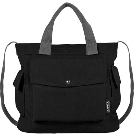 Canvas Tasche Damen Herren Umhängetasche,Täglich Canvas Tote Bag Schultertasche Shopper Lässige Laptop Bag Henkeltasche Einkaufstasche Stofftasche für Uni,Arbeit,Schule,Reise Einkaufen (L, Schwarz)
