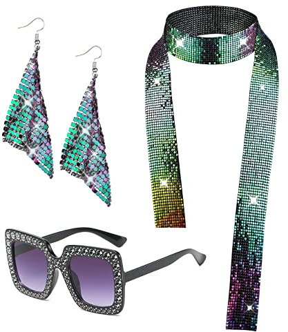 3 Pièces d'Accessoires de Disco Costume de Disco des Années 1970 Disco Ensemble de Bijoux Pour Femmes 70s Fringes Collier Boucles d’oreilles Lunettes de Soleil Carrées en Strass Fête d'anniversaire
