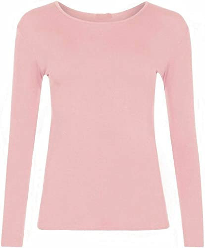 Crazy Fashion Long Sleeve Plain Tshirts for Women UK Round Scoop Neck Stretchy Formal Casual Basic Slim Fit Jersy Ladies Tee Top Plus Size 8-22 Baby Pink