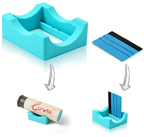 AIEX Small Silicone Cup Cradle for Crafting,Tumbler Holder with Built-in Slot and Felt Edge Squeegee, Use to Apply Vinyl Decals Mug Beer Can Glass Bottle, Anti-Skidding Display Tumbler Stand (Cyan)