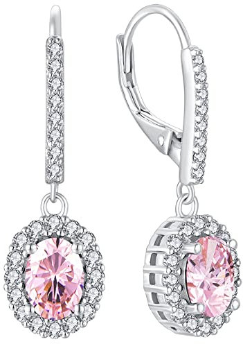 YL Damen Ohrhänger 925 Sterling Silber Oktober Geburtsstein Turmaline Rosa Oval Ohrringe